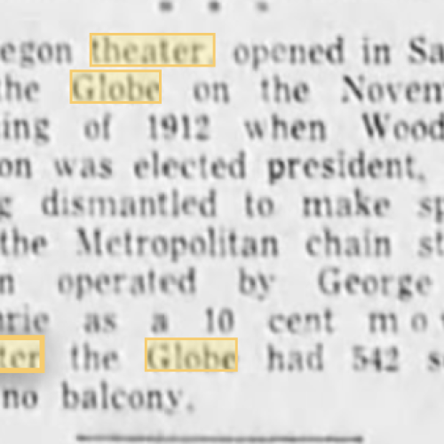 Small article about the Globe Theater and when it opened also stating how many seats there where. 