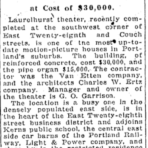 An article from the February 24 1924 edition of the Sunday Oregonian about the newly opened theater