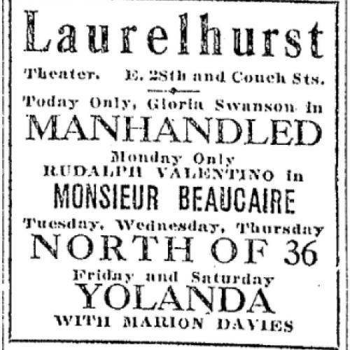 A snip from the March 15 1925 edition of the Sunday Oregonian, advertising the movies then being shown at the Laurelhurst Theater