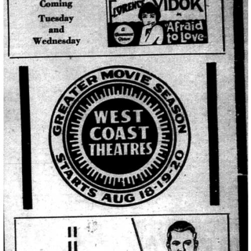 Astoria Theatre Advertisements and Liberty Theatre Advertisements, The Morning Astorian circa 1927 