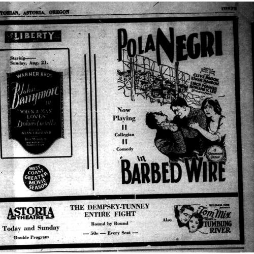 Astoria Theatre Advertisements and Liberty Theatre Advertisements, The Morning Astorian circa 1927 