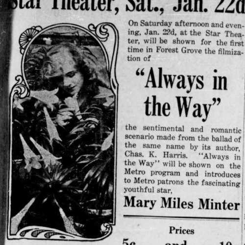 Newspaper advertisement for the film "Always in the Way"