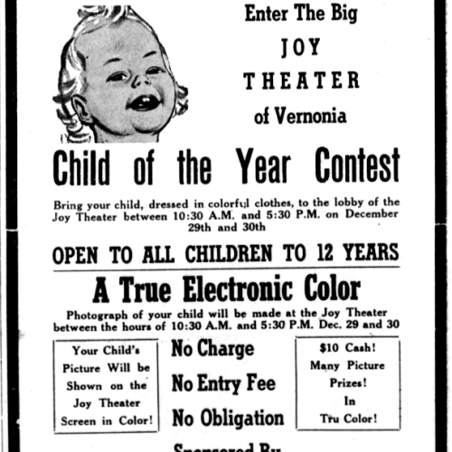 An advertising clipping for a "child of the year contest" sponsored by the Joy Theatre, 1950.