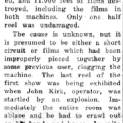 A newspaper clipping of an article explaining the projection room fire in 1934 at the Joy, which injured one person.