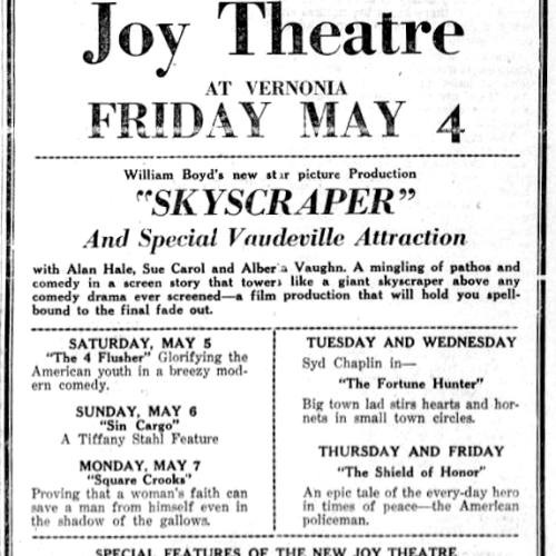 Newspaper clipping of an article promoting the grand opening of the Joy Theatre, 1928.