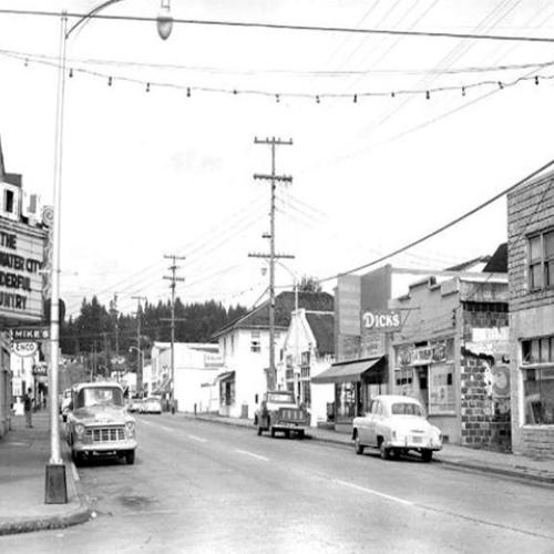 The Main St. in Vernonia. The marquee of the Joy Theatre is visible on the left, 1962.