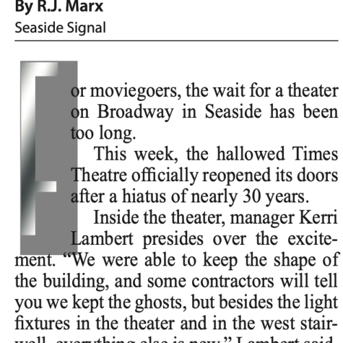 News clipping from a 2018 issue of the Seaside Signal, the day the Times Theatre re opened