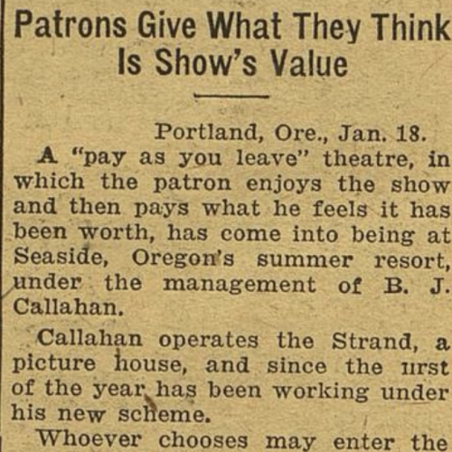 News clipping from Variety 1922 detailing the "pay as you leave" method of selling theater tickets, used by the Strand theater
