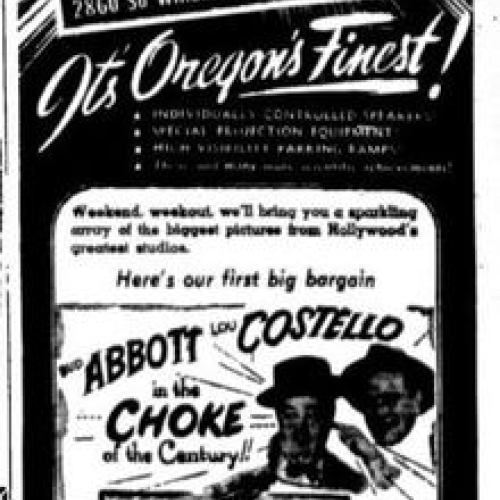 Newspaper ad containing the grand opening of the Eugene Drive-In and the programming for that night. 
