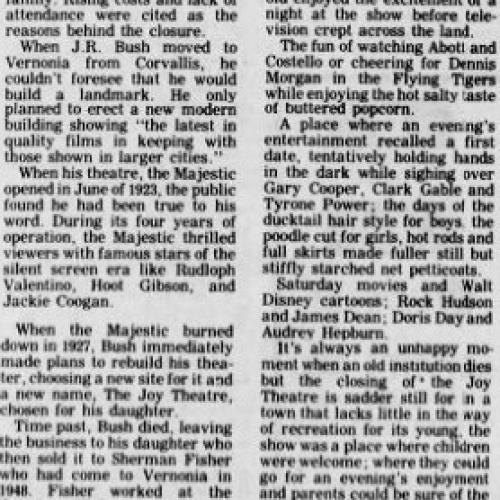 A newspaper clipping of an article reporting on the closing of the Joy Theatre in Vernonia, Oregon, in February 1974.