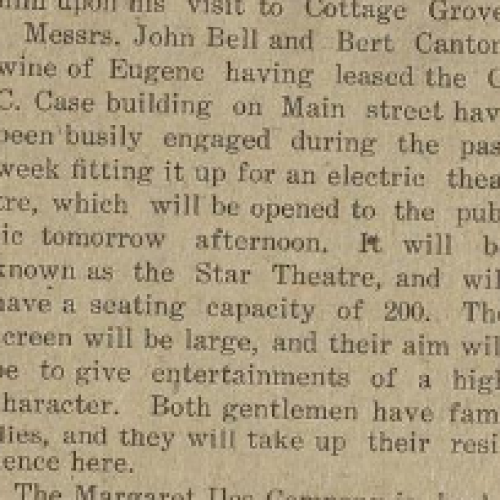 Newspaper item about the opening of the Star Theatre in Cottage Grove, Oregon, Oct. 1909.