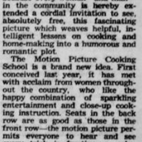 News item about the motion picture cooking school in the Diane Theatre, 1938