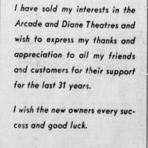 Newspaper advertisement about the change of ownership for the Arcade and Diane theaters, 1955