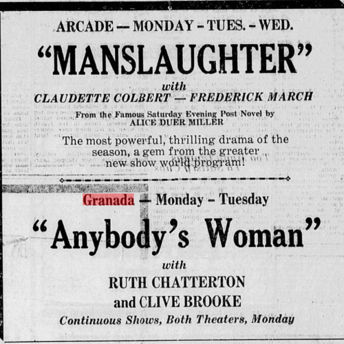 A newspaper article announcing the Granada Theater’s schedule for Monday and Tuesday. The film that will be shown is “Anybody’s Woman”, released in 1930. It is primarily a drama film with strong elements of romance and sophisticated comedy. It was directed by Dorothy Arzner.