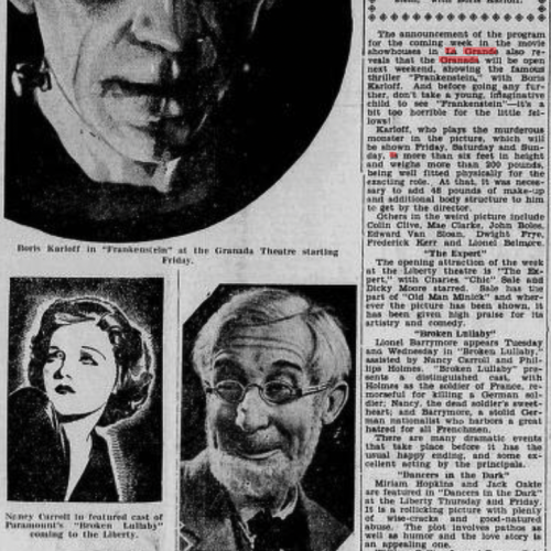 Advertisement for Frankenstein screening at the Granada Theatre in La Grande, 1932.