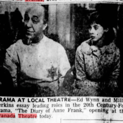 Newspaper clipping promoting the film "The Diary of Anne Frank" at the Granada Theatre, featuring Ed Wynn and Millie Perkins in the leading roles. 