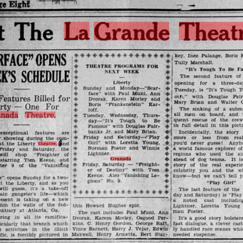 This newspaper page from the 1930s shows how theaters in La Grande promoted weekly film schedules to attract local audiences. The article highlights the programming strategies of the Liberty and Granada Theatre.