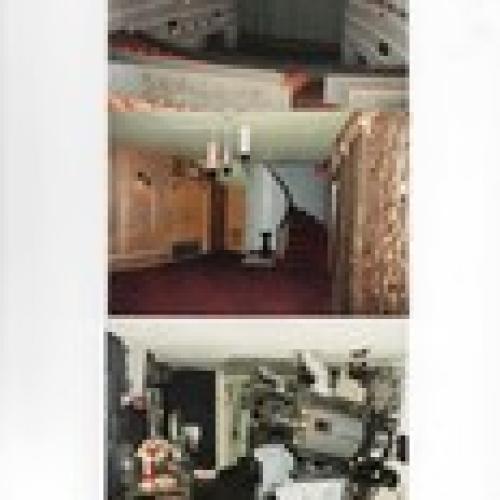 Three photos showing the original theatre, entryway, and projection booth of the Times Theatre