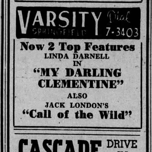 A newspaper clipping from The Register-Guard advertising the Cascade Drive-In Theatre's showings of "Take Me to Town" and "It Happens Every Thursday".