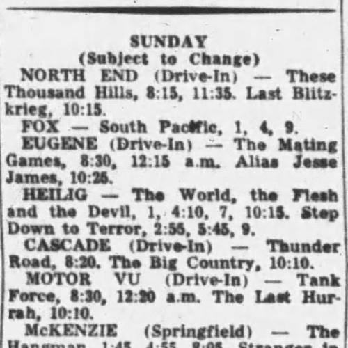 A newspaper clipping from The Register-Guard advertising the Cascade Drive-In Theatre's showings of "Thunder Road" and "The Big Country"..