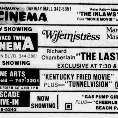 A newspaper clipping from The Register-Guard advertising the Cascade Drive-In Theatre's showings of "Gas Pump Girls" and "Cheerleaders Beach Party".