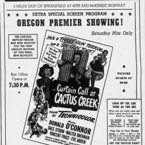 A newspaper clipping from The Register-Guard advertising the Cascade Drive-In Theatre's Grand Opening.