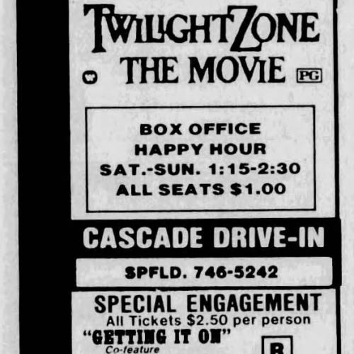 A newspaper clipping from The Register-Guard advertising the Cascade Drive-In Theatre's "Special Engagement" showings of "Getting It On" and "Spring Fever".