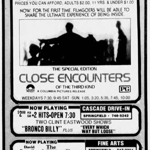 A newspaper clipping from The Register-Guard advertising the Cascade Drive-In Theatre's showings of "Bronco Billy" and "Every Which Way But Loose".