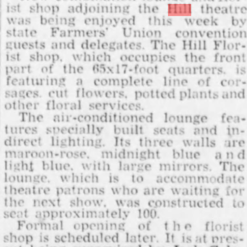 Hillsboro Argus ad - February 21, 1946 page 1 about a florist Lounge opening in the theater
