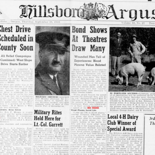Hillsboro Argus ad, promoting military speech at the Hill Theatre