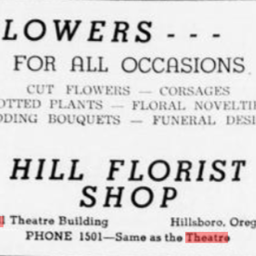 Ad for the florist shop in the Hill Theatre building