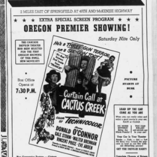 A newspaper clipping from The Register-Guard advertising the grand opening of the Cascade Drive-In Theatre.