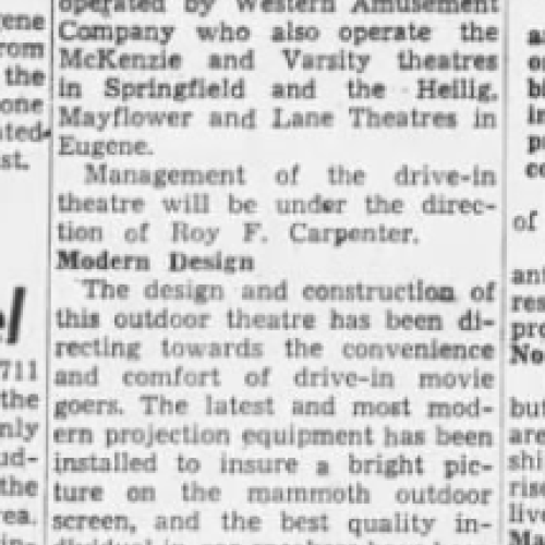 A newspaper clipping from The Register-Guard describing the opening of the Cascade Drive-In Theatre just outside of Springfield.