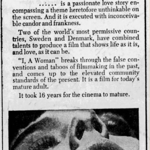 An advertisement for "I, a Woman" featured in the Sunday Oregonian in 1967. 