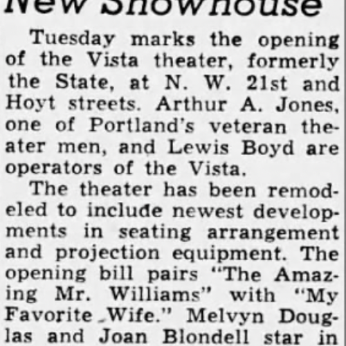 An advertisement for the re-named Vista Theater, and what would be shown.