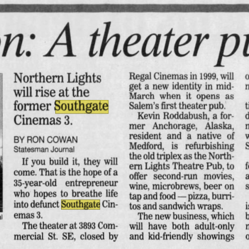 Article clip of Northern Light's reopening, from Statesman Journal, January 20th, 2004