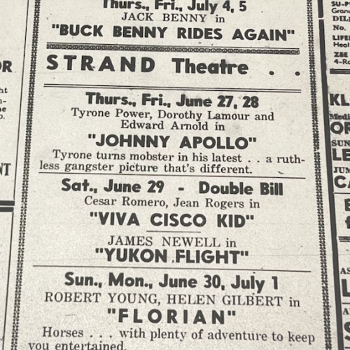 A newspaper theatre program from 1940 feature titles shown at the Times and Strand theaters