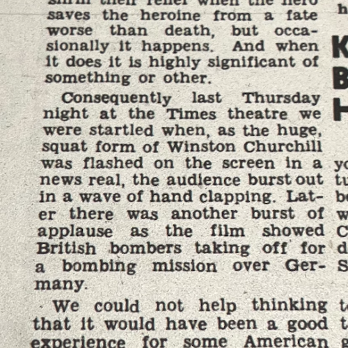 An article about the audiences applause reaction to seeing Winston Churchill and British bombers during a news reel