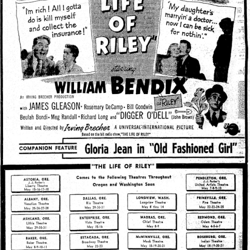 Advertisement of the film The Life of Riley and list of Oregon and Washington theaters it will be playing at in 1949