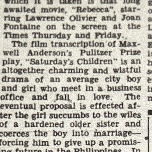 A article promoting the film transcription of the play Saturday's Children