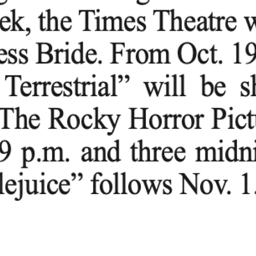 A clipping from a 2018 newspaper describing what the new Times theatre will be showing in it's reopening week