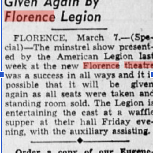Newspaper snippet about the Minstrel Show Hosted at the Florence/Harbor Theatre