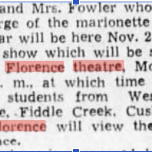 Newspaper snippet about the marionette show in the 1930's hosted at the Florence/Harbor Theatre.