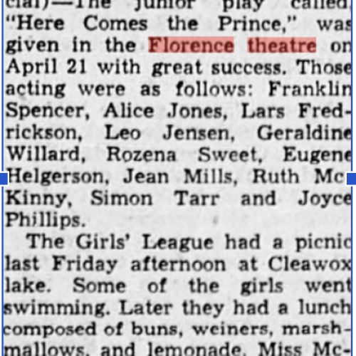 Newspaper snippet regarding the junior play at the Florence/Harbor Theatre 