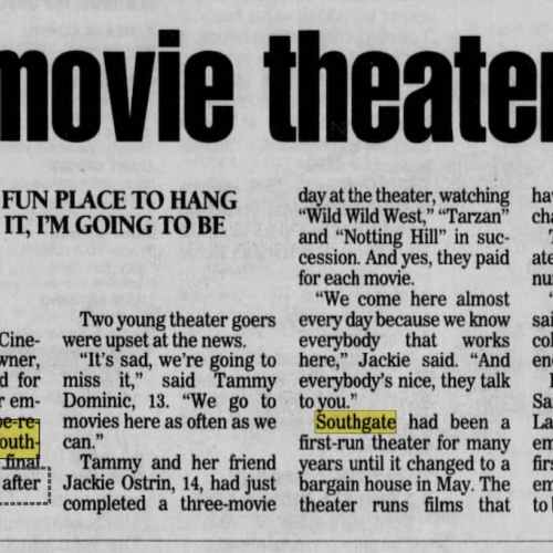 Article from the Statesman Journal detailing the closing of SouthGate CinemaWorld, September 8th, 1999