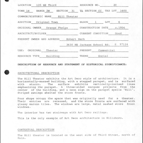 City of Hillsboro Cultural Resource Inventory records