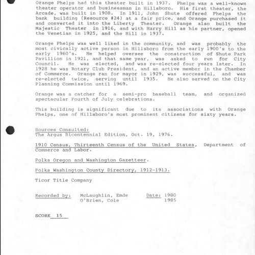 City of Hillsboro Cultural Resource Inventory records