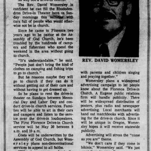 Article describing Rev. David Wormersley's opening of a drive-in church at the Rhododendron Drive-In Theater