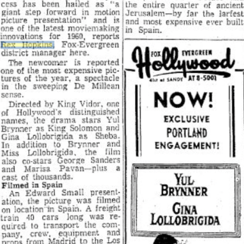 1959 newspaper clipping: Solomon and Sheba ad