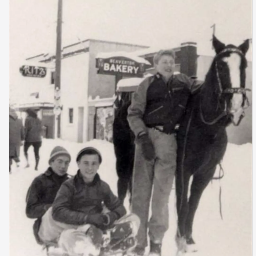 Three boys and a horse in front of beaverton bakery and ritz theatre